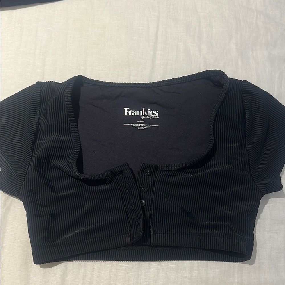 Frankie's Bikinis Black Ribbed Button-Front Crop Top